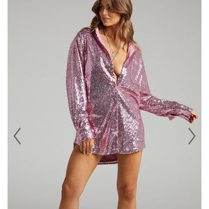 Sequin Oversized Button Up Shirt Dress